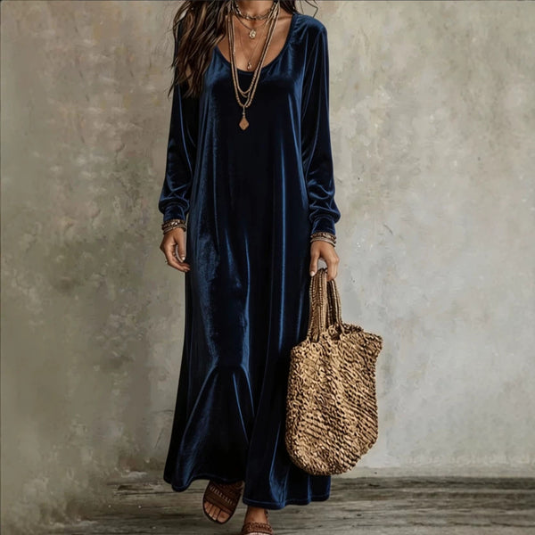 Women's Velvet-Style Long Dress, Long Sleeves and Flowing Silhouette