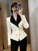 Women's Notched Lapel One Button Ice Silk Color Block Long Sleeve Office Blazer for Work Office