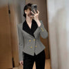 Women's Notched Lapel One Button Ice Silk Color Block Long Sleeve Office Blazer for Work Office