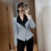 Women's Notched Lapel One Button Ice Silk Color Block Long Sleeve Office Blazer for Work Office