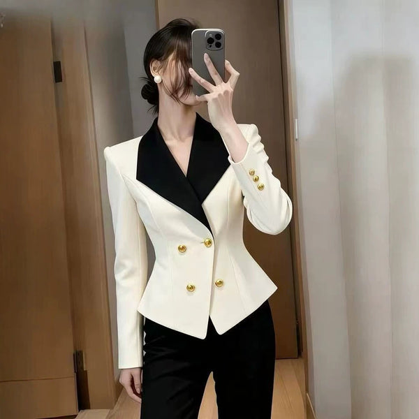 Women's Notched Lapel One Button Ice Silk Color Block Long Sleeve Office Blazer for Work Office