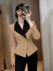 Women's Notched Lapel One Button Ice Silk Color Block Long Sleeve Office Blazer for Work Office