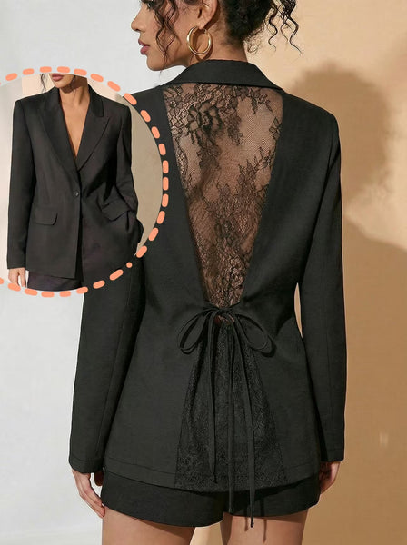 Women's Solid Color Polyester Suit Collar Long Sleeve Perspective Casual Office Office Jacket for Work in Black White