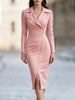 Women's Slim Fit Polyester Suit Collar Long Sleeve Zipper Dress for Office Work Banquet in White Black Pink
