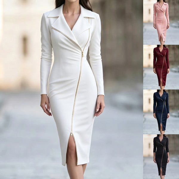 Women's Slim Fit Polyester Suit Collar Long Sleeve Zipper Dress for Office Work Banquet in White Black Pink