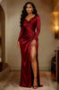 Women's Evening Dress, Cowl Neck, Ruched Waist, Long Sleeves and High Slit