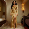 Women's Evening Dress, Cowl Neck, Ruched Waist, Long Sleeves and High Slit