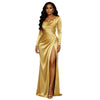 Women's Evening Dress, Cowl Neck, Ruched Waist, Long Sleeves and High Slit