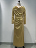 Women's Evening Dress, Cowl Neck, Ruched Waist, Long Sleeves and High Slit