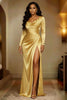 Women's Evening Dress, Cowl Neck, Ruched Waist, Long Sleeves and High Slit