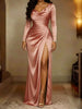 Women's Evening Dress, Cowl Neck, Ruched Waist, Long Sleeves and High Slit