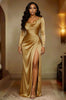 Women's Evening Dress, Cowl Neck, Ruched Waist, Long Sleeves and High Slit