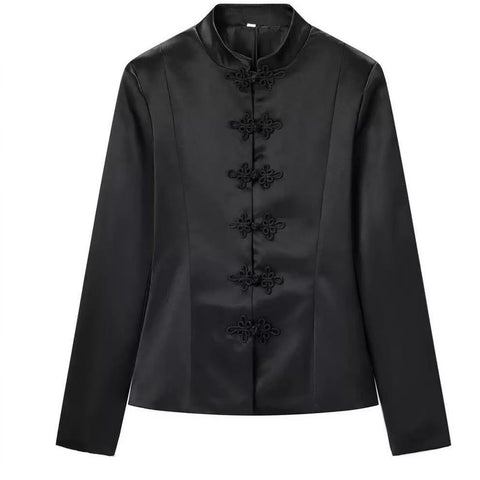 Women's Elegant Slim Fit Round Neck Long Sleeve Solid Color Polyester Button Blazer for Casual Work in Black