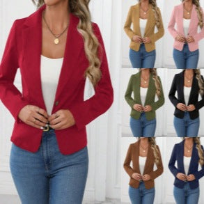 Women's One Button Polyester Solid Color Suit Collar Long Sleeve Blazer with British Style for Casual Work in Red Pink Black