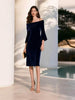 Women's Velvet Dress, Off-Shoulder Neckline, Flared Sleeves and Fitted Silhouette