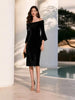 Women's Velvet Dress, Off-Shoulder Neckline, Flared Sleeves and Fitted Silhouette