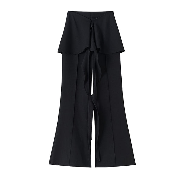 Women's Solid Color Polyester Casual Irregular Flared Pants with High Waist Ruffle Detail for Everyday Wear