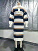 Women's Striped Sweater Dress, Polo Collar, Long Sleeves and Side Slit