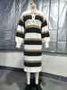 Women's Striped Sweater Dress, Polo Collar, Long Sleeves and Side Slit