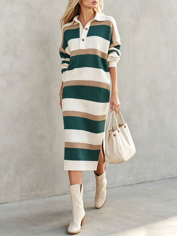 Women's Striped Sweater Dress, Polo Collar, Long Sleeves and Side Slit