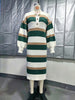 Women's Striped Sweater Dress, Polo Collar, Long Sleeves and Side Slit