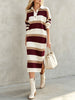 Women's Striped Sweater Dress, Polo Collar, Long Sleeves and Side Slit