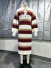 Women's Striped Sweater Dress, Polo Collar, Long Sleeves and Side Slit