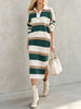 Women's Striped Sweater Dress, Polo Collar, Long Sleeves and Side Slit