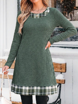 Women's Sweater Dress, Crew Neck, Long Sleeves and Plaid-Trim Layered Look