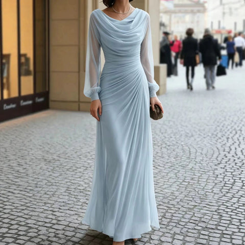 Women's Long Evening Dress, Cowl Neck, Long Sleeves and Ruched Waist