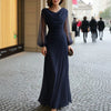 Women's Long Evening Dress, Cowl Neck, Long Sleeves and Ruched Waist