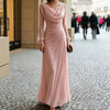 Women's Long Evening Dress, Cowl Neck, Long Sleeves and Ruched Waist