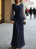 Women's Long Evening Dress, Cowl Neck, Long Sleeves and Ruched Waist