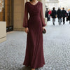 Women's Long Evening Dress, Cowl Neck, Long Sleeves and Ruched Waist