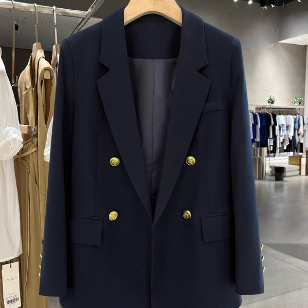 Women's Navy Blazer, Peak Lapels, Gold-Tone Buttons and Double-Breasted Front
