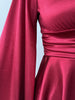 Women's Satin-Style Mini Dress, V-Neck, Long Flared Sleeves and Gathered Waist