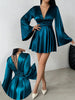 Women's Satin-Style Mini Dress, V-Neck, Long Flared Sleeves and Gathered Waist