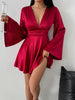 Women's Satin-Style Mini Dress, V-Neck, Long Flared Sleeves and Gathered Waist