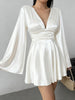 Women's Satin-Style Mini Dress, V-Neck, Long Flared Sleeves and Gathered Waist