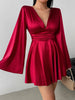 Women's Satin-Style Mini Dress, V-Neck, Long Flared Sleeves and Gathered Waist