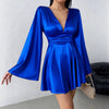 Women's Satin-Style Mini Dress, V-Neck, Long Flared Sleeves and Gathered Waist