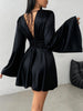 Women's Satin-Style Mini Dress, V-Neck, Long Flared Sleeves and Gathered Waist
