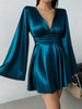 Women's Satin-Style Mini Dress, V-Neck, Long Flared Sleeves and Gathered Waist