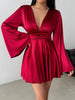 Women's Satin-Style Mini Dress, V-Neck, Long Flared Sleeves and Gathered Waist