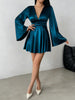 Women's Satin-Style Mini Dress, V-Neck, Long Flared Sleeves and Gathered Waist