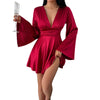 Women's Satin-Style Mini Dress, V-Neck, Long Flared Sleeves and Gathered Waist
