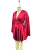 Women's Satin-Style Mini Dress, V-Neck, Long Flared Sleeves and Gathered Waist