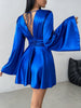 Women's Satin-Style Mini Dress, V-Neck, Long Flared Sleeves and Gathered Waist