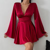 Women's Satin-Style Mini Dress, V-Neck, Long Flared Sleeves and Gathered Waist