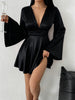 Women's Satin-Style Mini Dress, V-Neck, Long Flared Sleeves and Gathered Waist